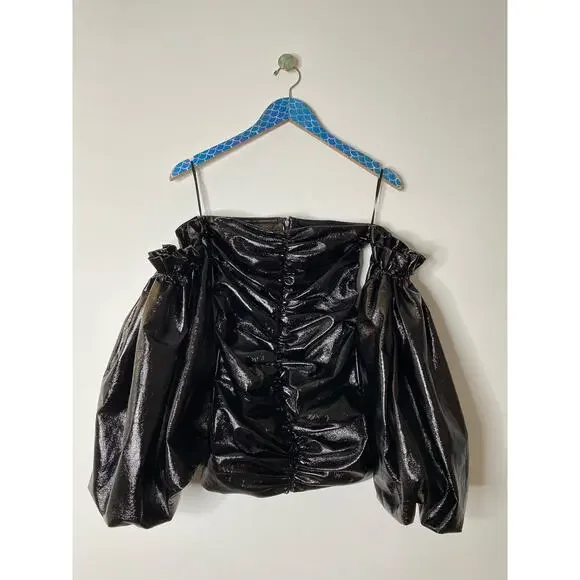 ROTATE BIRGER CHRISTENSEN Black Phoebe Vinyl Off Shoulder Mini Dress - Picture 10 of 10